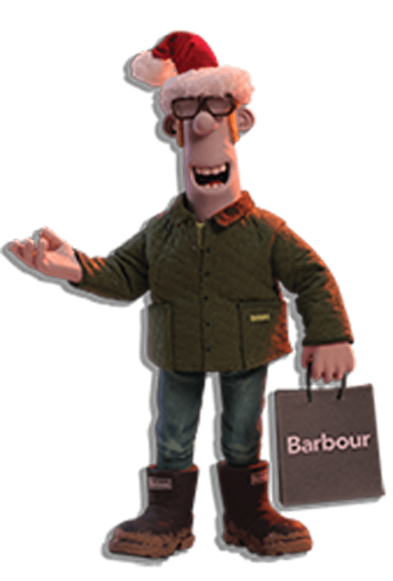 羊とショーンの大人がBarbourの靴とBarbourの袋を持って笑っているイラスト