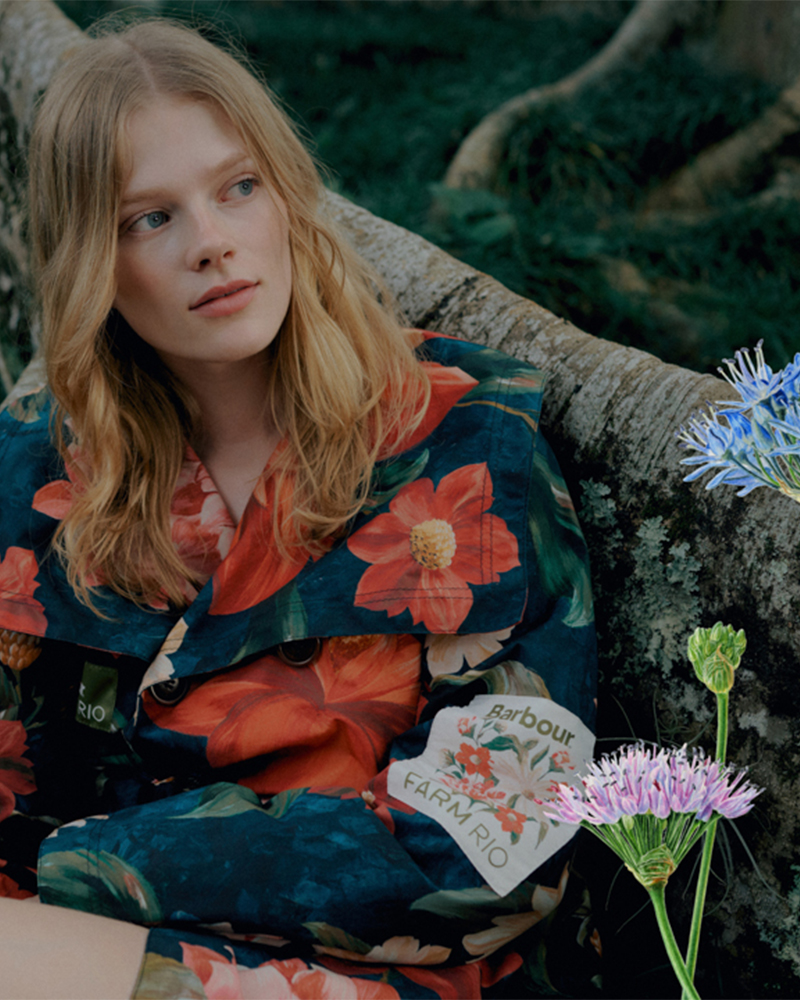 花柄のコートとブーツを着用した女性の写真を上下にレイアウトしたコラージュ画像。