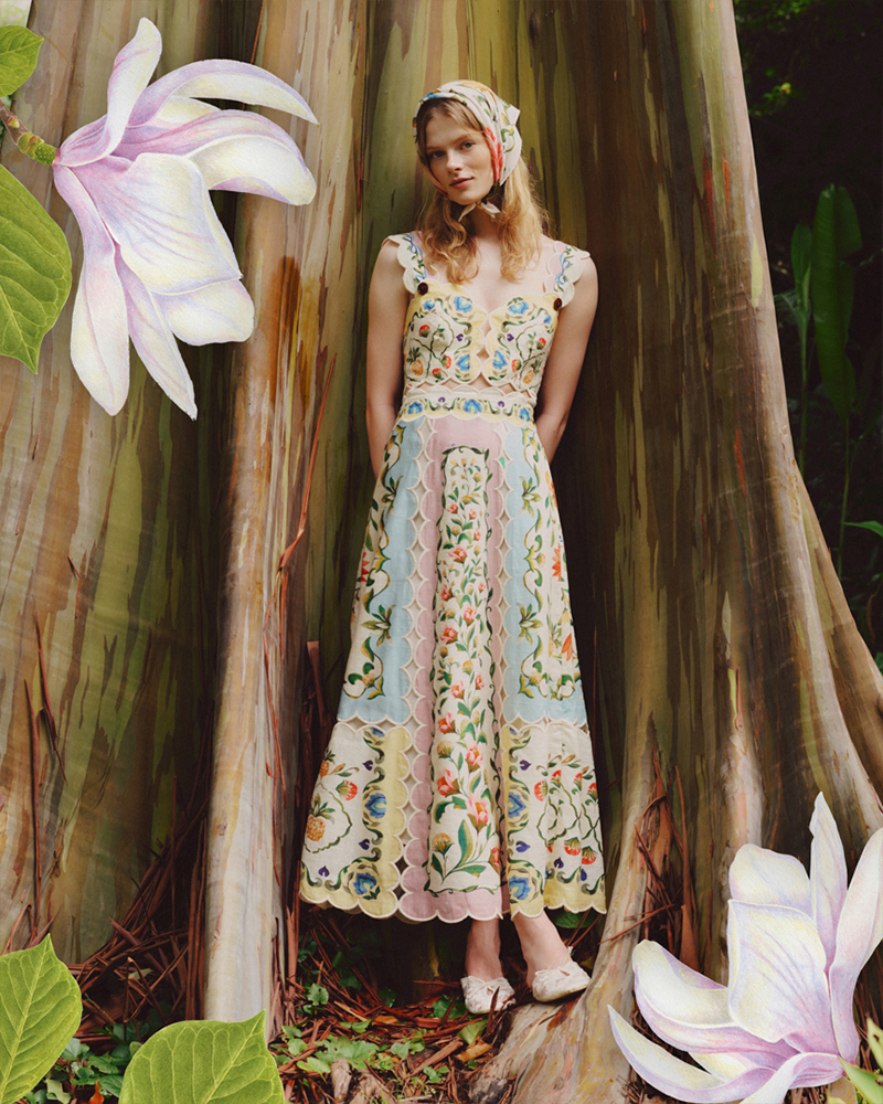 花柄のワンピースとスカーフを着用した女性の写真を上下にレイアウトしたコラージュ画像。