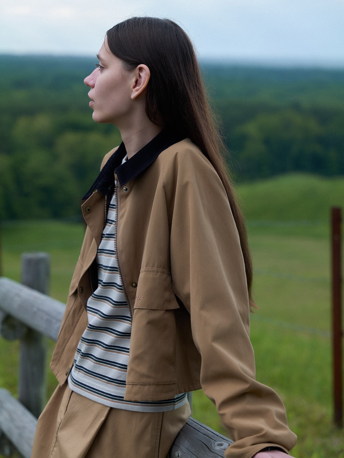 JACKET Peach Skin Short Jacket / TOPS Marena Striped Top / SKIRT Carly Midi Skirt
