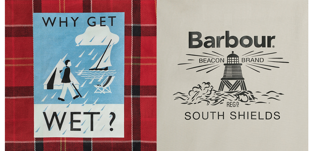 Barbourのグラフィックデザイン。左側には赤いチェック柄を背景にした「WHY GET WET?」のイラスト、右側には灯台モチーフのブランドロゴ