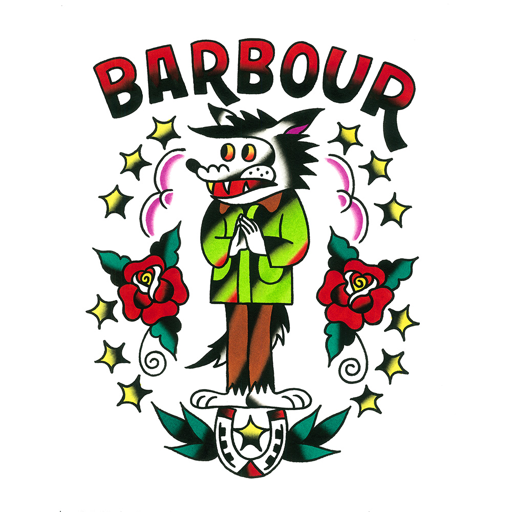 Barbourのロゴと、緑のジャケットを着て手を合わせるオオカミ、周囲に星やバラが描かれたタトゥー風のイラスト