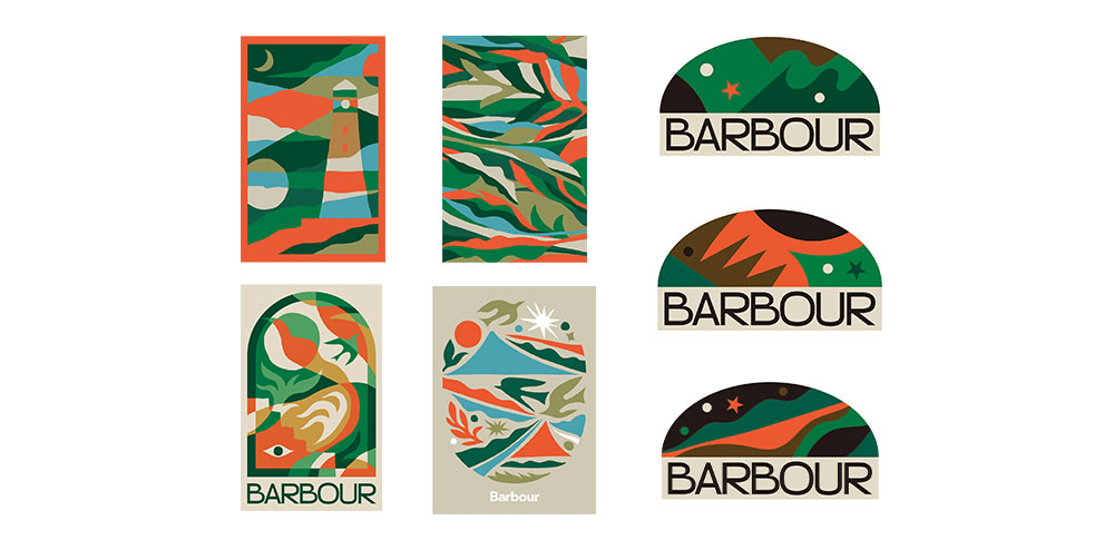 Barbourの様々なグラフィックアート。灯台や波、植物などを抽象的に描いた複数のカラフルなイラストとロゴのコレクション
